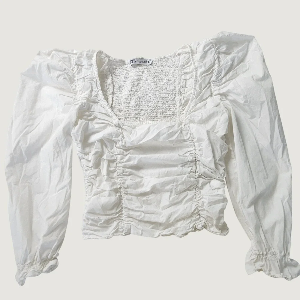 Zara White Ruched Puff Sleeve Peasant Blouse Womens Small Square Neck Cotton EUC